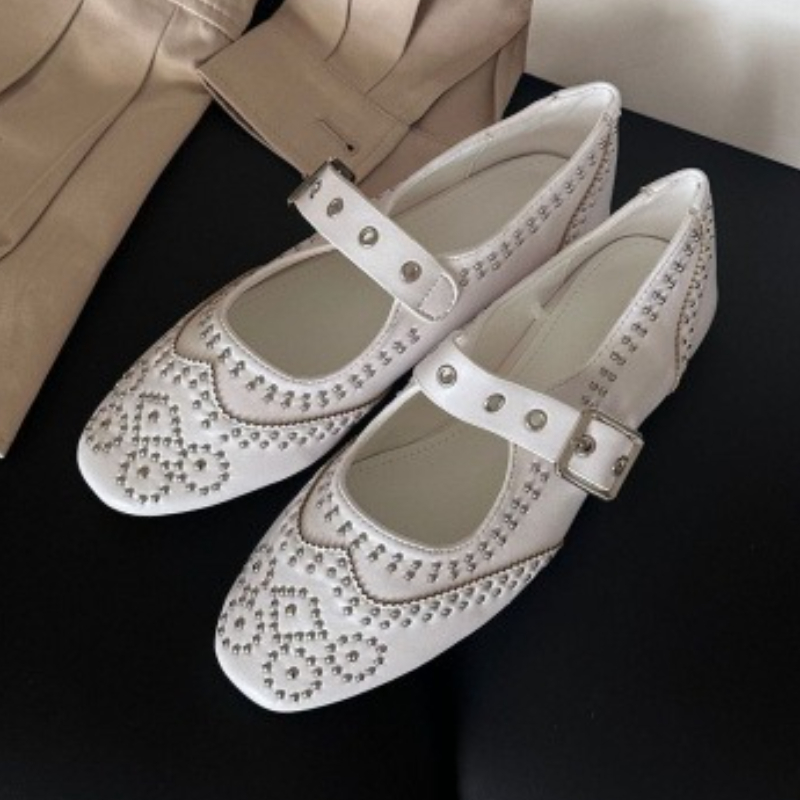 Women Shoes Elegant - Retro Rivet Buckle Design Flats Women