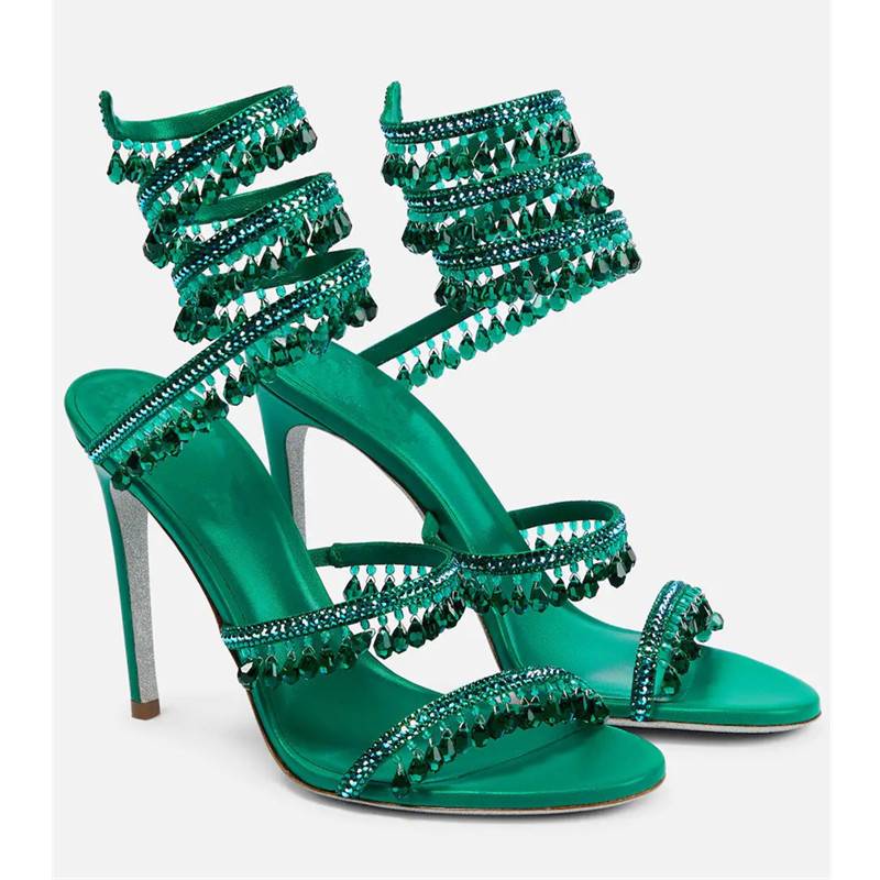 Women'S Shoes Peep Toe - Sexy Green Crystal Fringe Stiletto Sandals
