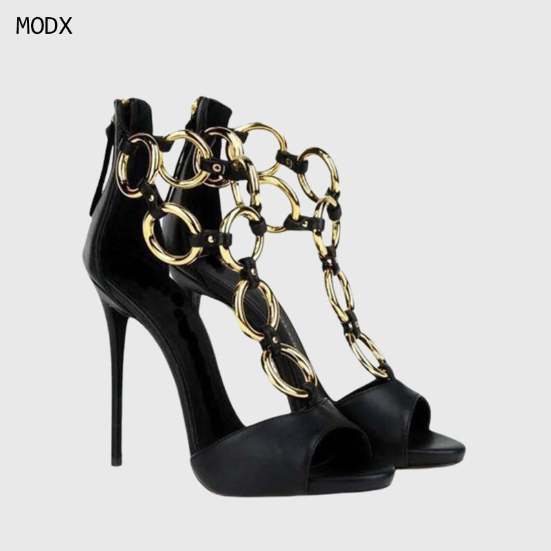 Gold Chain Sandal - Women Black Leather Gold Chain Link