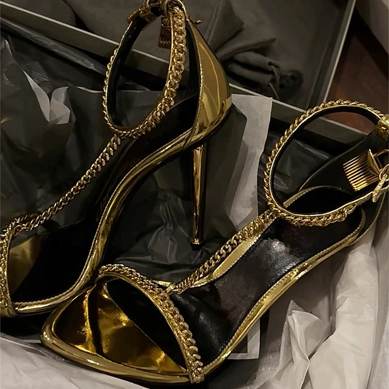 Gold Chain Sandal - Gold Chain T-Tied Open Toe Women