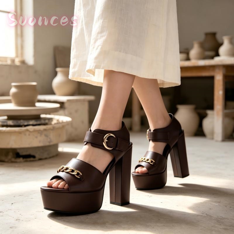 Gold Chain Sandal - Chunky Block Heel Open Toe Platform