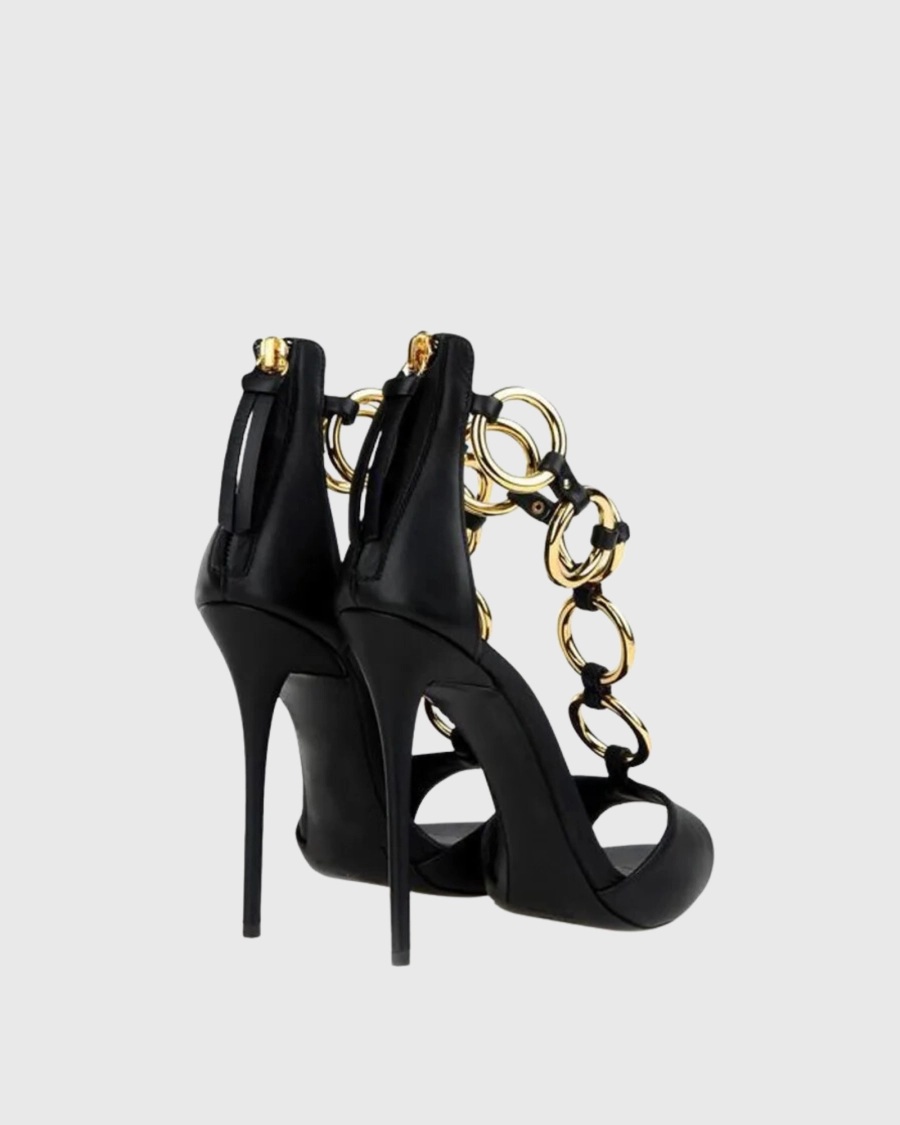 Women Black Leather Gold Chain - Gold Chain Sandal ulasan dan harga