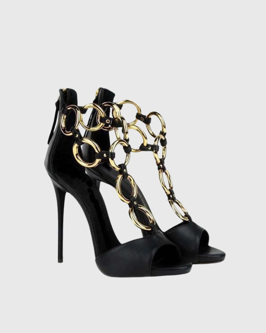 Women Black Leather Gold Chain - Gold Chain Sandal ulasan dan harga