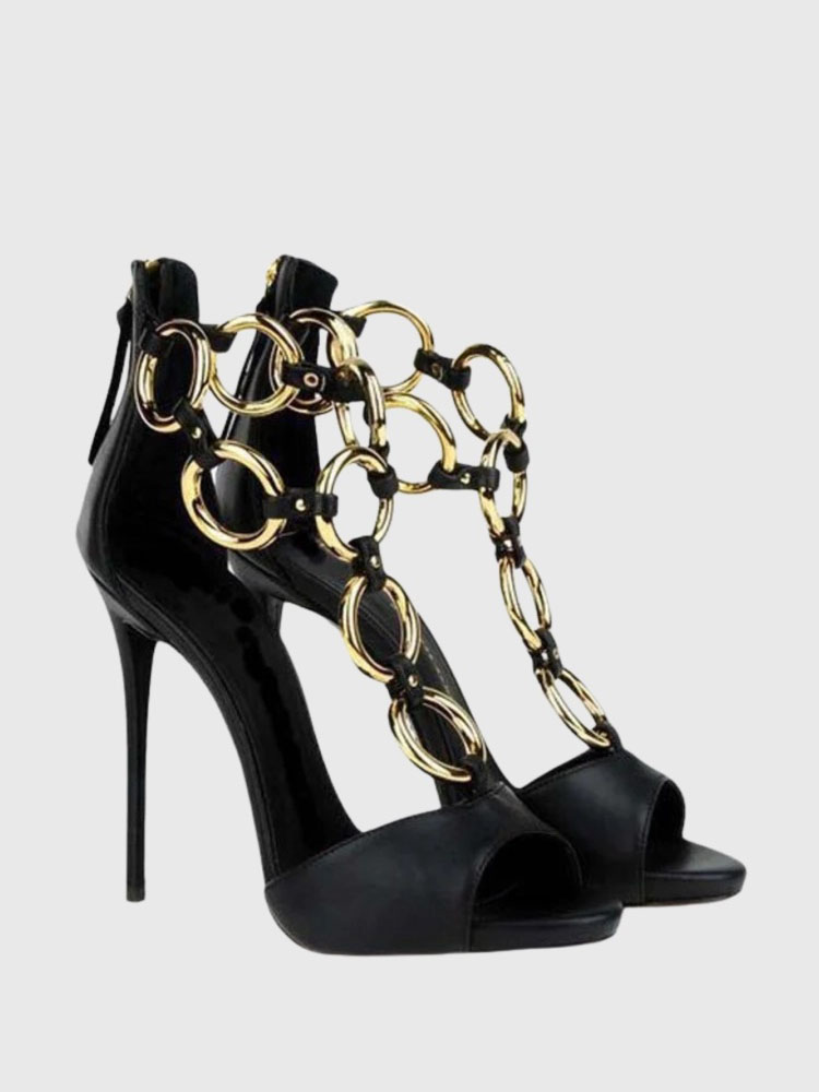 Women Black Leather Gold Chain - Gold Chain Sandal ulasan dan harga