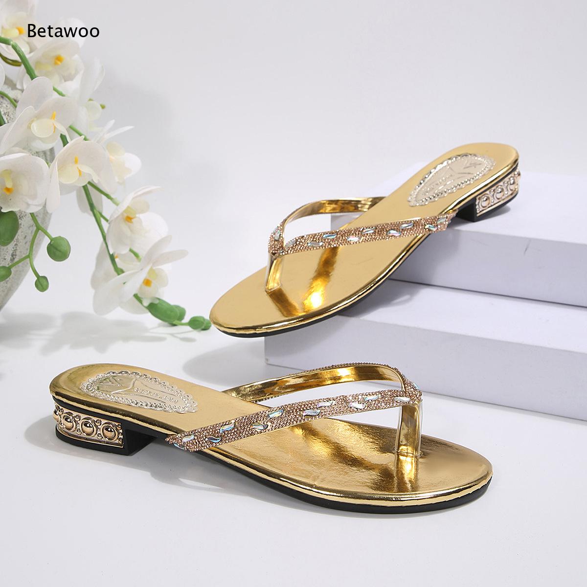 Thong Rhinestone Low Heel Slid - Gold Chain Sandal ulasan dan harga