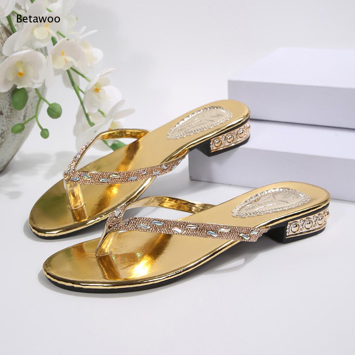 Thong Rhinestone Low Heel Slid - Gold Chain Sandal ulasan dan harga