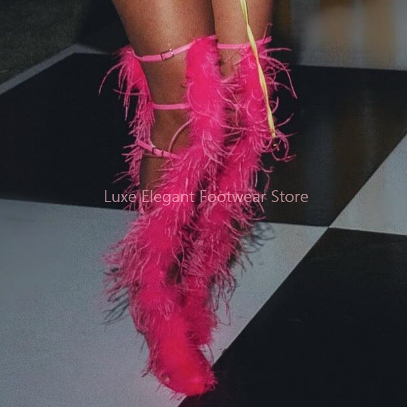 Pink Feather Strappy Hollow Bu - High Knee Heel Boots ulasan dan harga