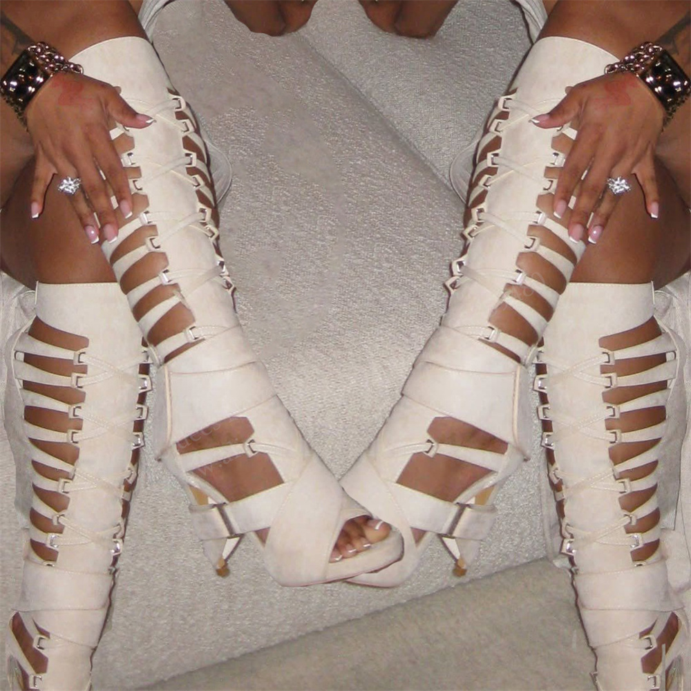 Gladiator Hollow Belt Buckle K - High Knee Heel Boots ulasan dan harga
