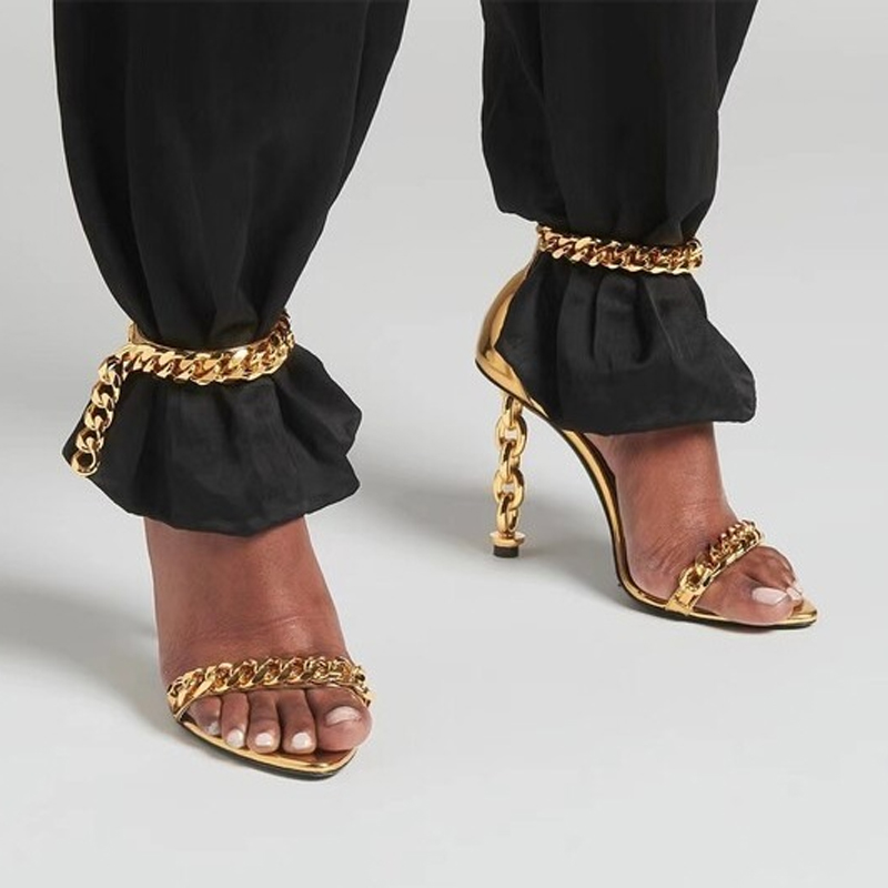 Sexy Gold Chain Heel Pointed T - Gold Chain Sandal ulasan dan harga